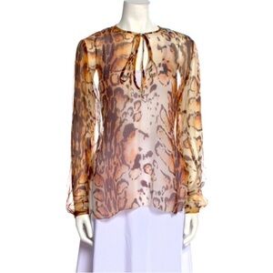 L’Agence sheer 100% silk animal print long sleeve neutral blouse tie front sz 8